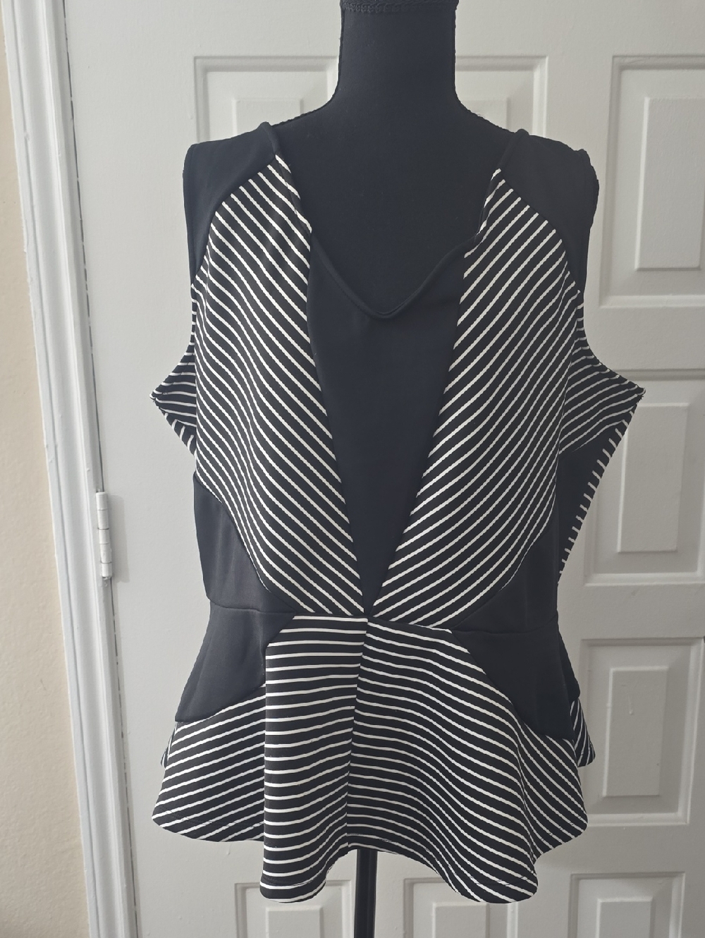 Ashley Stewart Black and White Striped Peplum Top